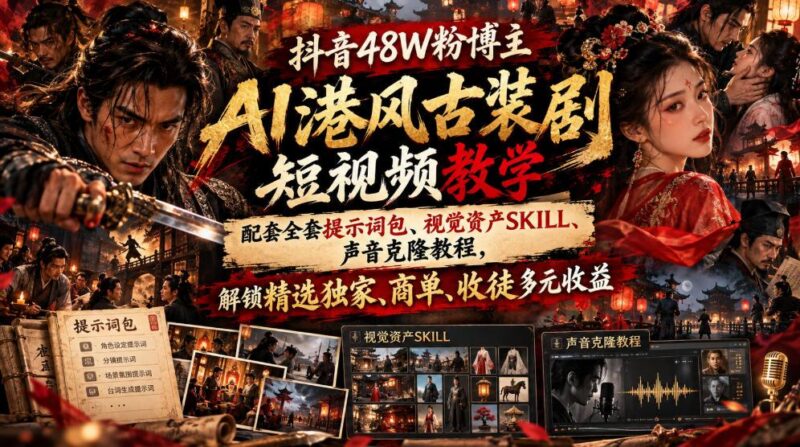 抖音48W粉博主好英俊pro的AI港风邵氏古装剧短视频教学,配套全套提示词包、视觉资产SKILL、声音克隆教程,解锁精选独家、商单、收徒多元收益 三零资源-三零资源