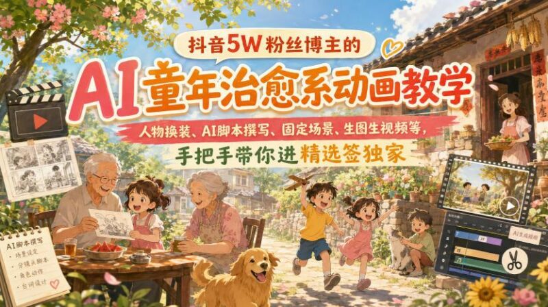 抖音5W粉丝博主的AI童年治愈系动画教学,人物换装、AI脚本撰写、固定场景、生图生视频等,手把手带你进精选签独家 三零资源-三零资源