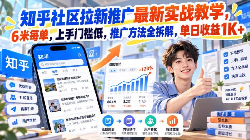 知乎社区拉新推广最新实战教学,6米每单,上手门槛低,推广方法全拆解,单日收益1K+!-三零资源