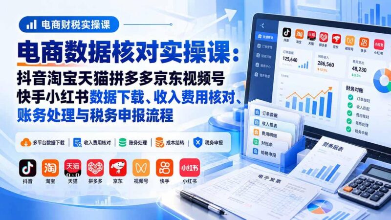 电商数据核账实操课:抖音淘宝天猫拼多多京东视频号快手小红书数据下载、收入费用核对、账务处理与税务申报流程-三零资源