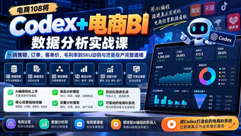 Codex+电商BI数据分析实战课-更新:从销售额、订单、客单价、毛利率到SKU动销与流量投产完整建模 三零资源-三零资源