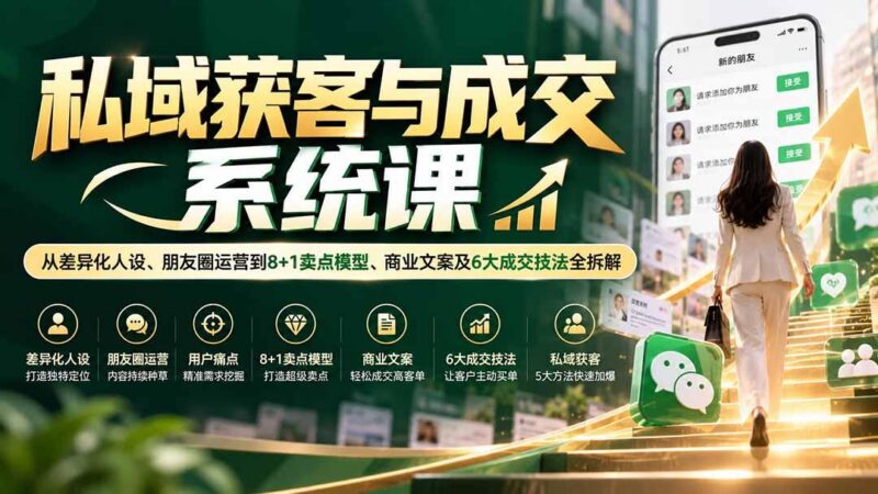 私域获客与成交系统课:从差异化人设、朋友圈运营到8+1卖点模型、商业文案及6大成交技法全拆解-三零资源