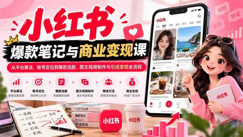 2026小红书爆款笔记与商业变现课:从平台算法、账号定位到爆款选题、图文视频制作与引流变现全流程-三零资源