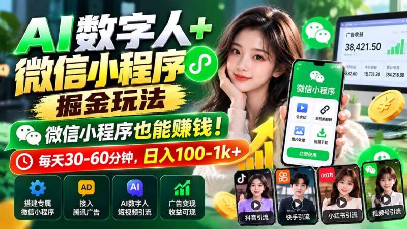 AI数字人+微信小程序掘金玩法：微信小程序也能赚钱！每天30-60分钟，日入100-1k+-三零资源