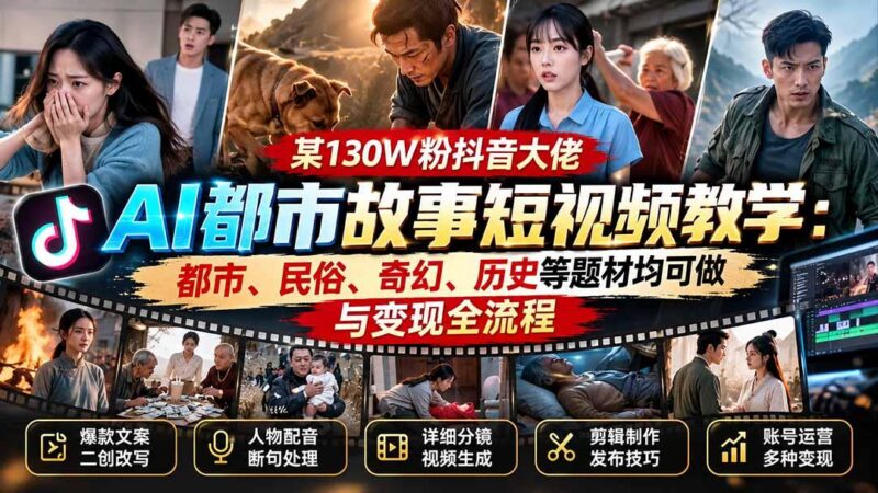 某130W粉抖音大佬AI都市故事短视频教学：都市、民俗、奇幻、历史等题材均可做与变现全流程-三零资源