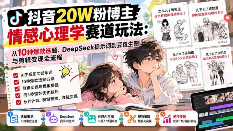 抖音20W粉博主-情感心理学赛道玩法：从10种爆款选题、DeepSeek提示词到豆包生图与剪辑变现全流程-三零资源