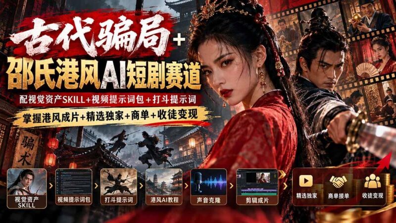 古代骗局+邵氏港风AI短剧赛道:配视觉资产SKILL+视频提示词包+打斗提示词,掌握港风成片+精选独家+商单+收徒变现-三零资源
