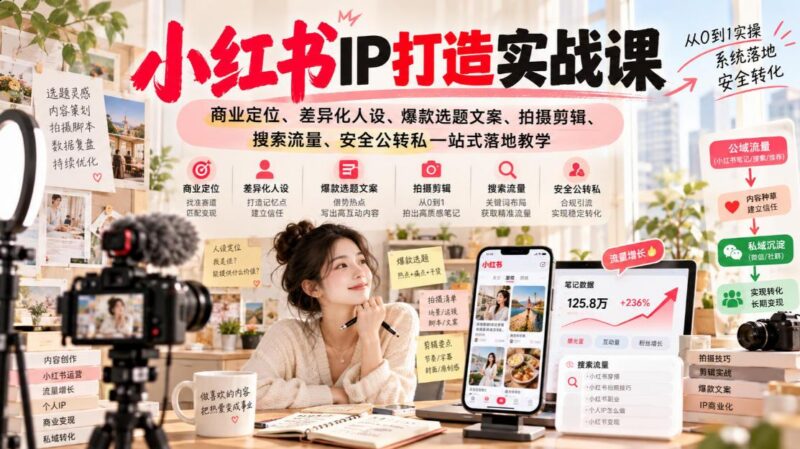 小红书ip打造实战课,商业定位、差异化人设、爆款选题文案、拍摄剪辑、搜索流量、安全公转私一站式落地教学-三零资源