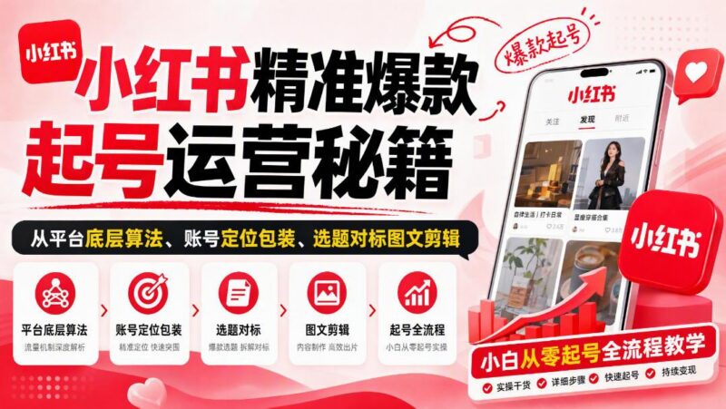 小红书精准爆款起号运营秘籍,从平台底层算法、账号定位包装、选题对标图文剪辑,小白从零起号全流程-三零资源