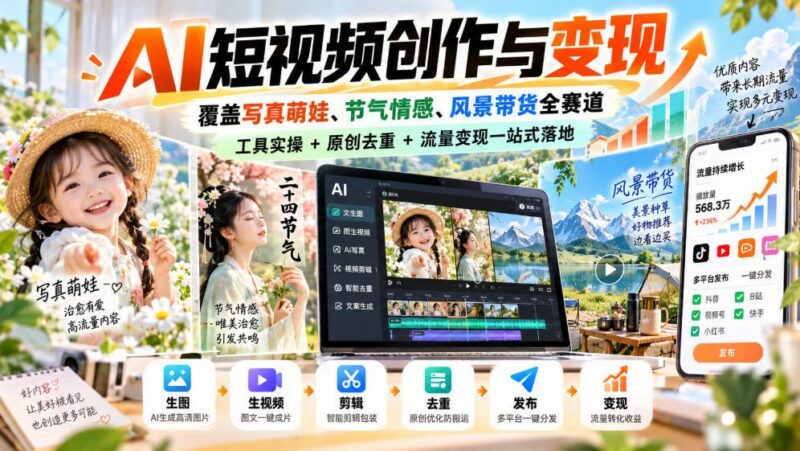 AI短视频创作与变现,覆盖写真萌娃、节气情感、风景带货全赛道,工具实操+原创去重+流量变现一站式落地 三零资源-三零资源