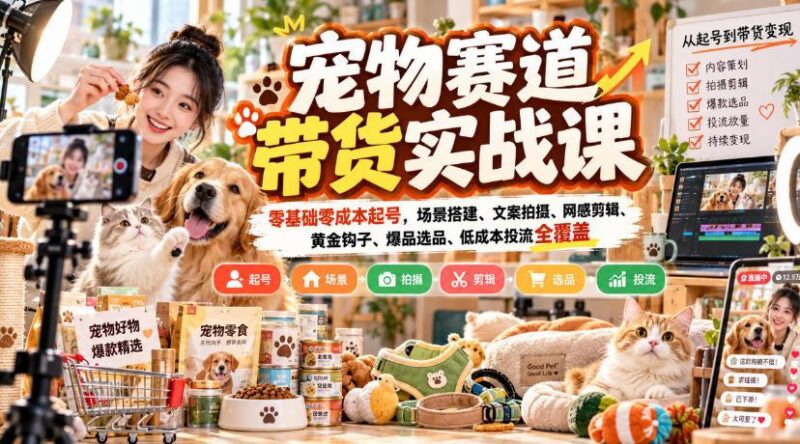 宠物赛道带货实战课，零基础零成本起号，场景搭建、文案拍摄、网感剪辑、黄金钩子、爆品选品、低成本投流全覆盖-三零资源