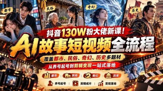 抖音130W粉大佬新课!AI故事短视频全流程,覆盖都市、民俗、奇幻、历史多题材,从养号起号到剪辑变现一站式落地-三零资源
