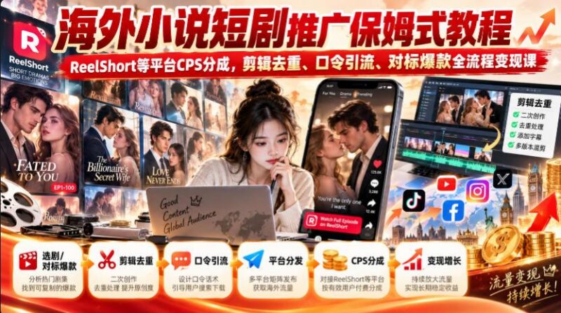 海外小说短剧推广保姆式教程｜ReelShort等平台CPS分成，剪辑去重、口令引流、对标爆款全流程变现课-三零资源