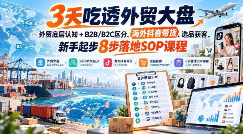 3天吃透外贸大盘,外贸底层认知+B2B/B2C区分、海外抖音带货、选品获客,新手起步8步落地SOP课程-三零资源