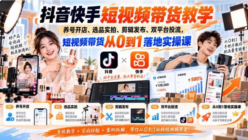抖音快手短视频带货教学｜养号开店、选品实拍、剪辑发布、双平台投流，短视频带货从0到1落地实操课-三零资源