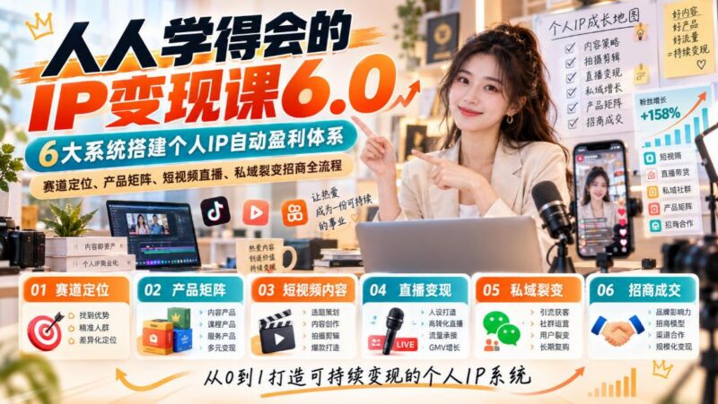 人人学得会的IP变现课6.0，6大系统搭建个人IP自动盈利体系，赛道定位、产品矩阵、短视频直播、私域裂变招商全流程-三零资源