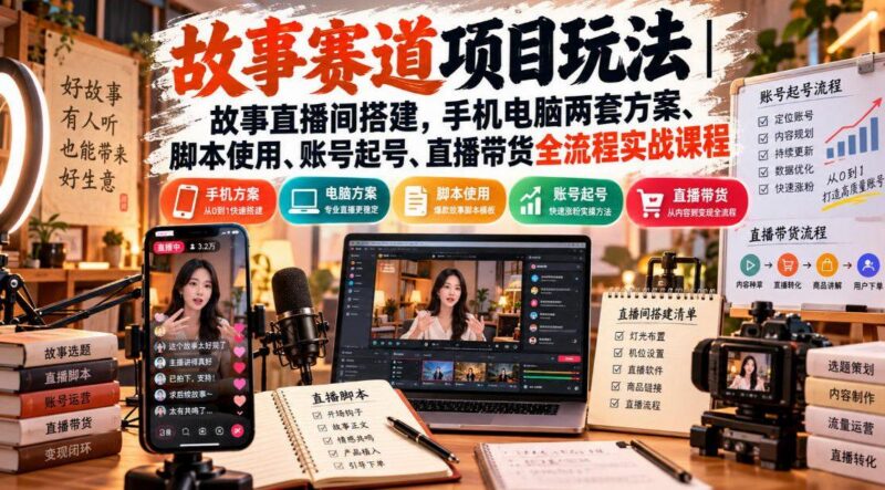 故事赛道项目玩法｜故事直播间搭建，手机电脑两套方案、脚本使用、账号起号、直播带货全流程实战课程-三零资源