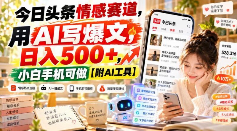 今日头条情感赛道，用AI写爆文，日入500+，小白手机可做【附AI工具】-三零资源