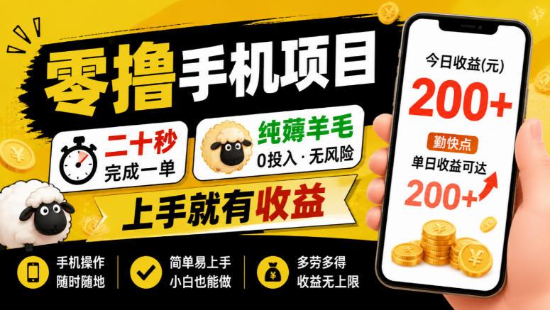 零撸手机项目，二十秒完成一单，纯薅羊毛，上手就有收益，勤快点单日收益可达200+【揭秘】-三零资源