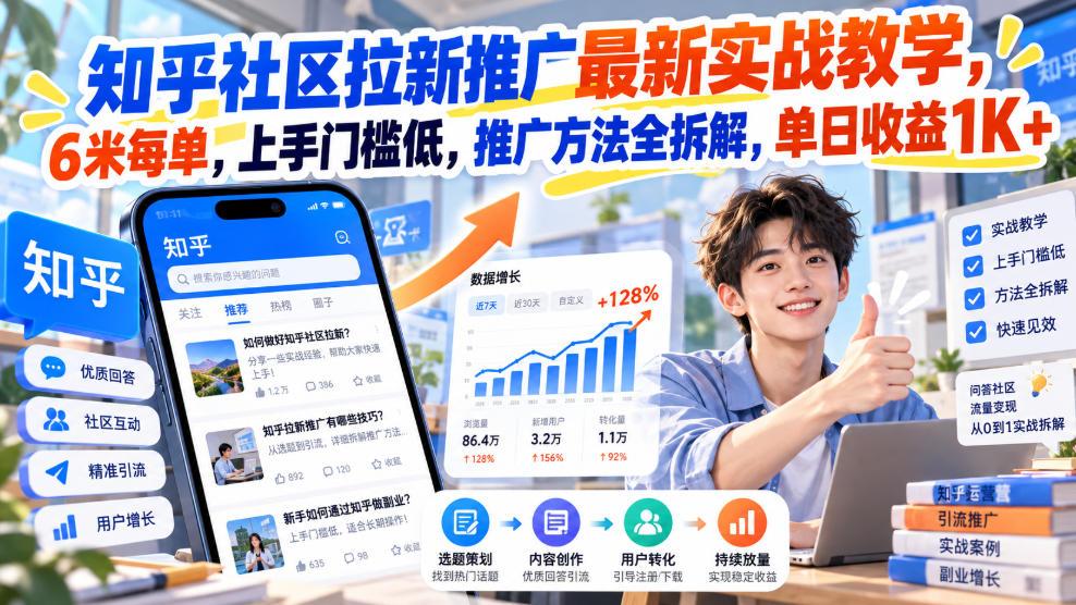 知乎社区拉新推广最新实战教学,6米每单,上手门槛低,推广方法全拆解,单日收益1K+!(更新0930)