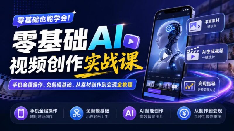 零基础AI视频创作实战课|手机全程操作、免剪辑基础、从素材制作到变现全教程-三零资源