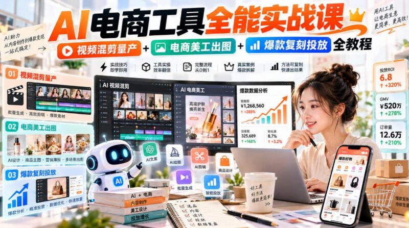 AI电商工具全能实战教学，视频混剪量产+电商美工出图+爆款复刻投放全教程​-三零资源