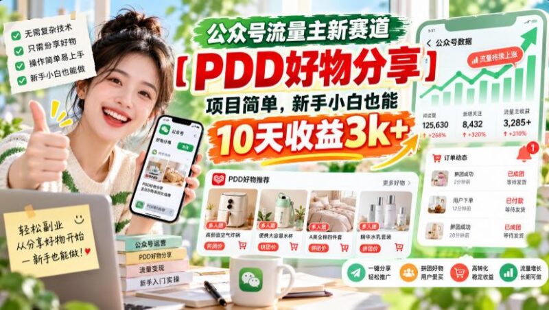 公众号流量主新赛道【PDD好物分享】，项目简单，新手小白也能10天收益3k+-三零资源