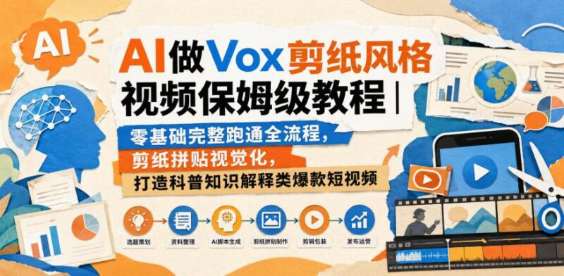 AI做Vox剪纸风格视频保姆级教程|零基础完整跑通全流程,剪纸拼贴视觉化,打造科普知识解释类爆款短视频-三零资源