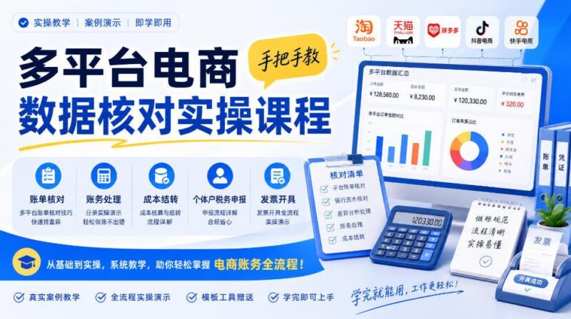 多平台电商数据核对实操课程，手把手教账单核对、账务处理、成本结转、个体户税务申报与发票开具-三零资源