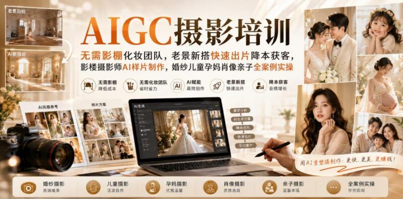 AIGC摄影培训|无需影棚化妆团队,老景新搭快速出片降本获客,影楼摄影师AI样片制作,婚纱儿童孕妈肖像亲子全案例实操 三零资源-三零资源