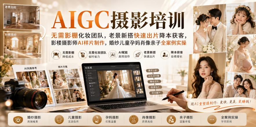 AIGC摄影培训|无需影棚化妆团队,老景新搭快速出片降本获客,影楼摄影师AI样片制作,婚纱儿童孕妈肖像亲子全案例实操