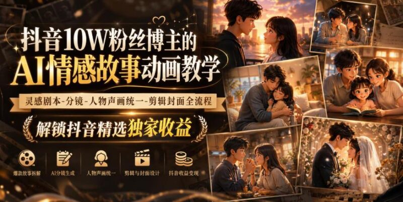 抖音10W粉丝博主的AI情感故事动画教学,灵感剧本‑分镜‑人物声画统一‑剪辑封面全流程,解锁抖音精选独家收益 三零资源-三零资源