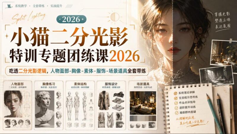 小猫二分光影特训专题团练课2026|吃透二分光影逻辑,人物面部‑胸像‑素体‑服饰‑场景道具全套带练,高清画质附赠课件与笔刷 三零资源-三零资源