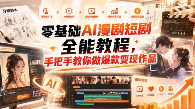 零基础AI漫剧短剧全能教程,从AI智能体搭建、文案脚本分镜、多平台AI生视频、剪映精修,覆盖全题材创作,手把手教你做爆款变现作品-三零资源