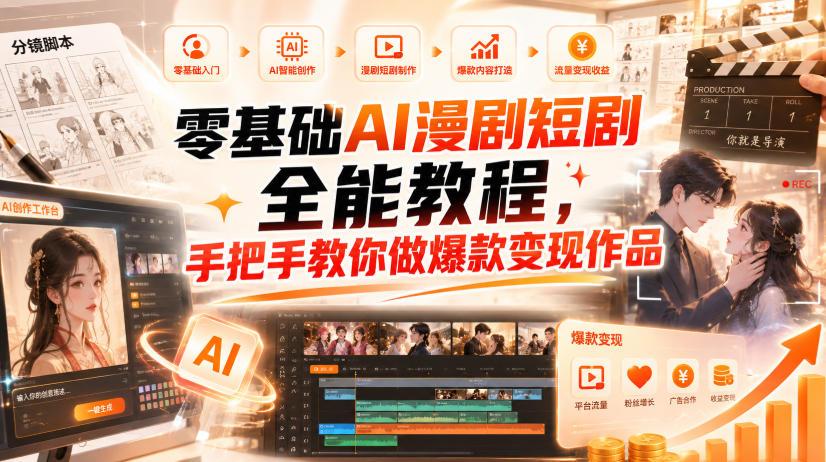 零基础AI漫剧短剧全能教程，从AI智能体搭建、文案脚本分镜、多平台AI生视频、剪映精修，覆盖全题材创作，手把手教你做爆款变现作品