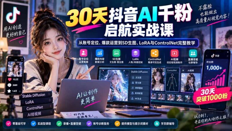 30天抖音AI千粉启航实战课：从账号定位、爆款运营到SD生图、LoRA与ControlNet完整教学 三零资源-三零资源