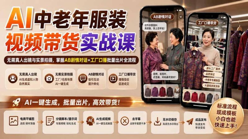 AI中老年服装视频带货实战课:无需真人出镜与实景拍摄,掌握AB剧情对话+工厂口播批量出片全流程 三零资源-三零资源