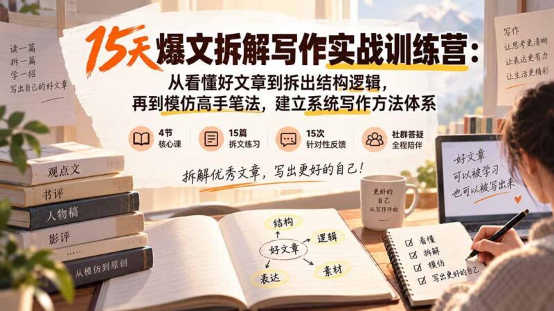15天爆文拆解写作实战训练营：从看懂好文章到拆出结构逻辑，再到模仿高手笔法，建立系统写作方法体系
