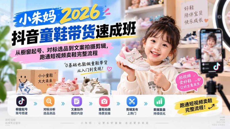 小朱妈2026抖音童鞋带货速成班：从橱窗起号、对标选品到文案拍摄剪辑，跑通短视频卖鞋完整流程 三零资源-三零资源