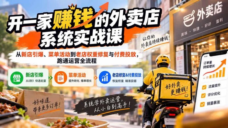 开一家赚钱的外卖店系统实战课：从新店引爆、菜单活动到老店权重修复与付费投放，跑通运营全流程-三零资源