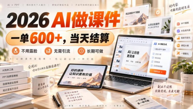 2026 AI做课件,一单600+,当天结算,不用露脸,无需引流,长期可做【揭秘】-三零资源