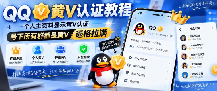 QQ黄V认证教程，个人主资料显示黄V认证，号下所有群都是黄V，逼格拉满 三零资源-三零资源