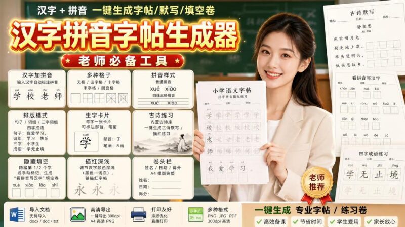 学习神器,汉字拼音字帖生成器,汉字+拼音 一键生成字帖/默写/填空卷,支持词组、成语,老师、家长必备 三零资源-三零资源