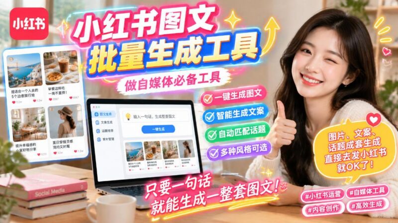 小红书图文批量生成工具，话题、文案、配图一键生成，直接发布，做自媒体必备工具 三零资源-三零资源