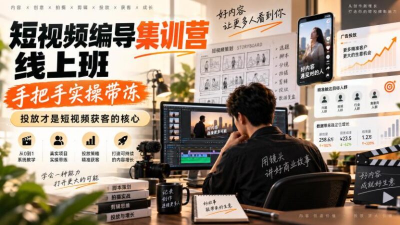 短视频编导集训营线上班，手把手实操带冻，投放才是短视频获客的核心-三零资源