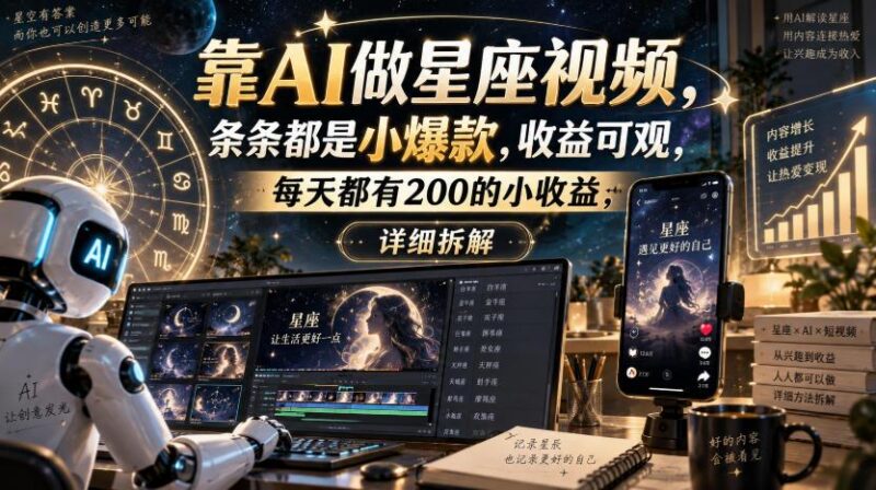 靠AI做星座视频，条条都是小爆款，收益可观，每天都有200的小收益，详细拆解 三零资源-三零资源