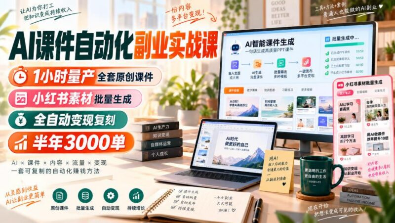 AI课件自动化副业实战课，1小时量产全套原创课件，小红书素材批量生成，全自动变现复刻，半年3000单 三零资源-三零资源