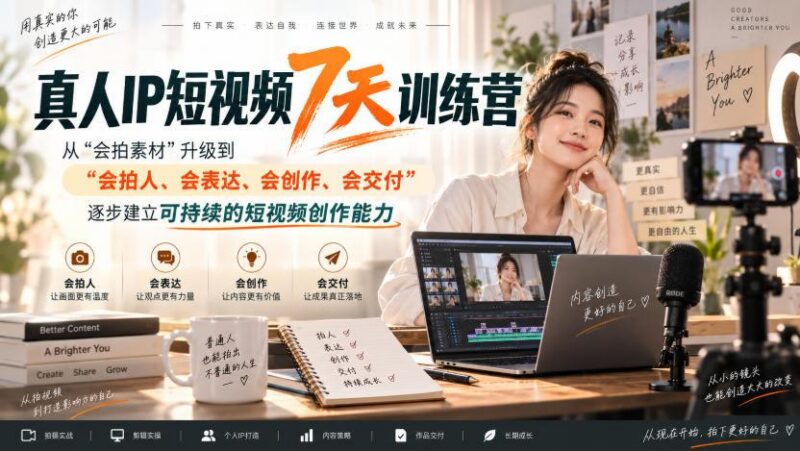 真人IP短视频7天训练营,从“会拍素材”升级到“会拍人、会表达、会创作、会交付”,逐步建立可持续的短视频创作能力 三零资源-三零资源