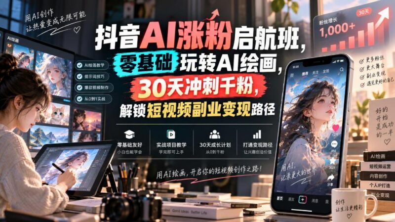 抖音AI涨粉启航班，零基础玩转AI绘画，30天冲刺千粉，解锁短视频副业变现路径 三零资源-三零资源