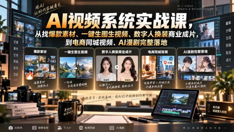 AI视频系统实战课,从找爆款素材、一键生图生视频、数字人换装商业成片,到电商同城视频、AI漫剧完整落地 三零资源-三零资源
